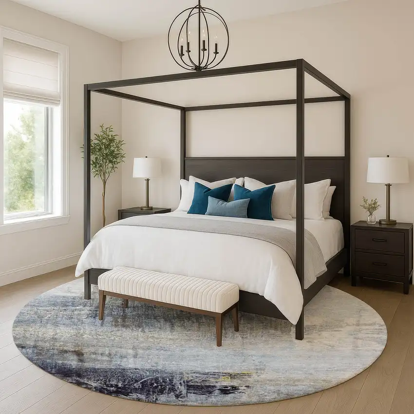 8' Sky Blue And Gray Abstract Washable Round Rug With UV Protection Photo 5