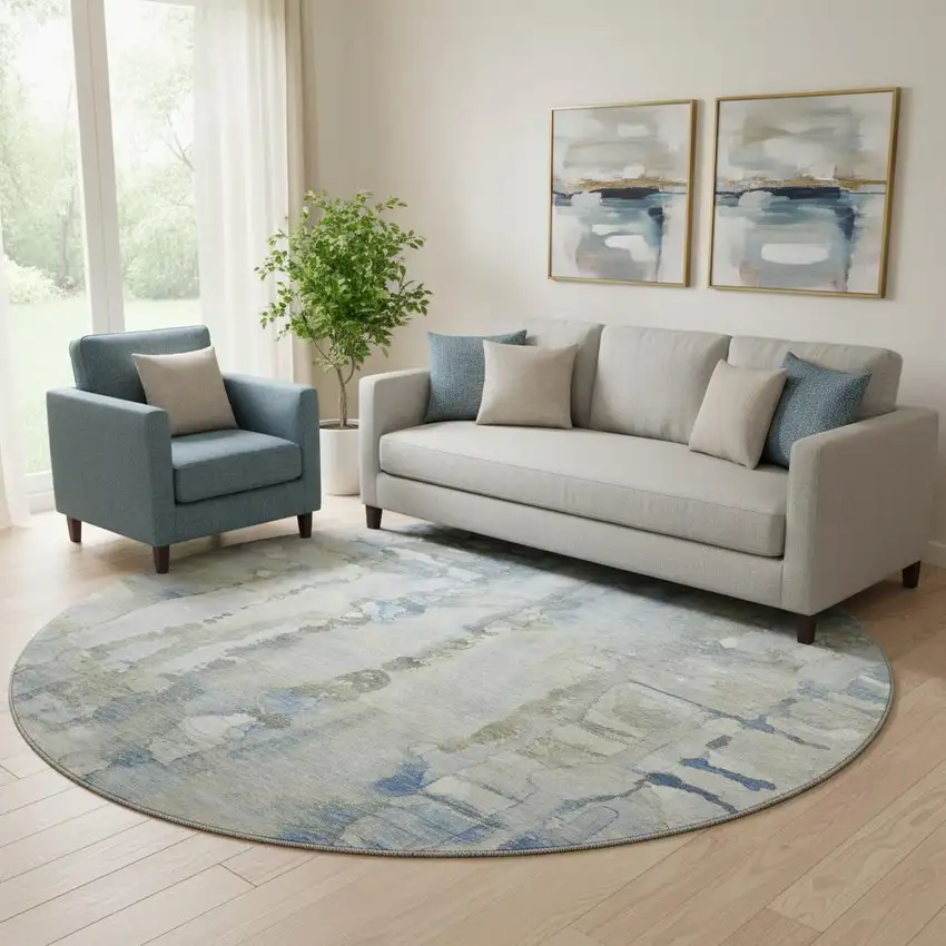8' Sky Blue And Gray Abstract Washable Round Rug With UV Protection Photo 2