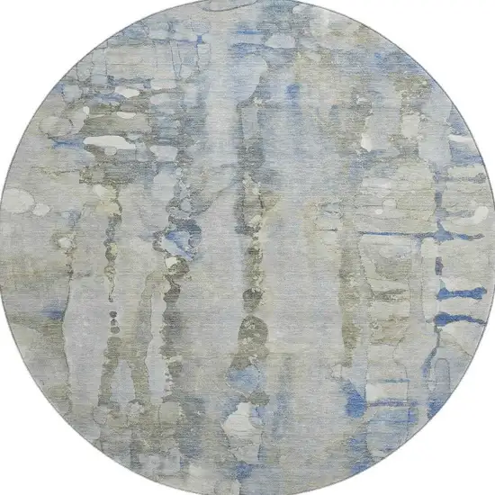 8' Sky Blue And Gray Abstract Washable Round Rug With UV Protection Photo 4