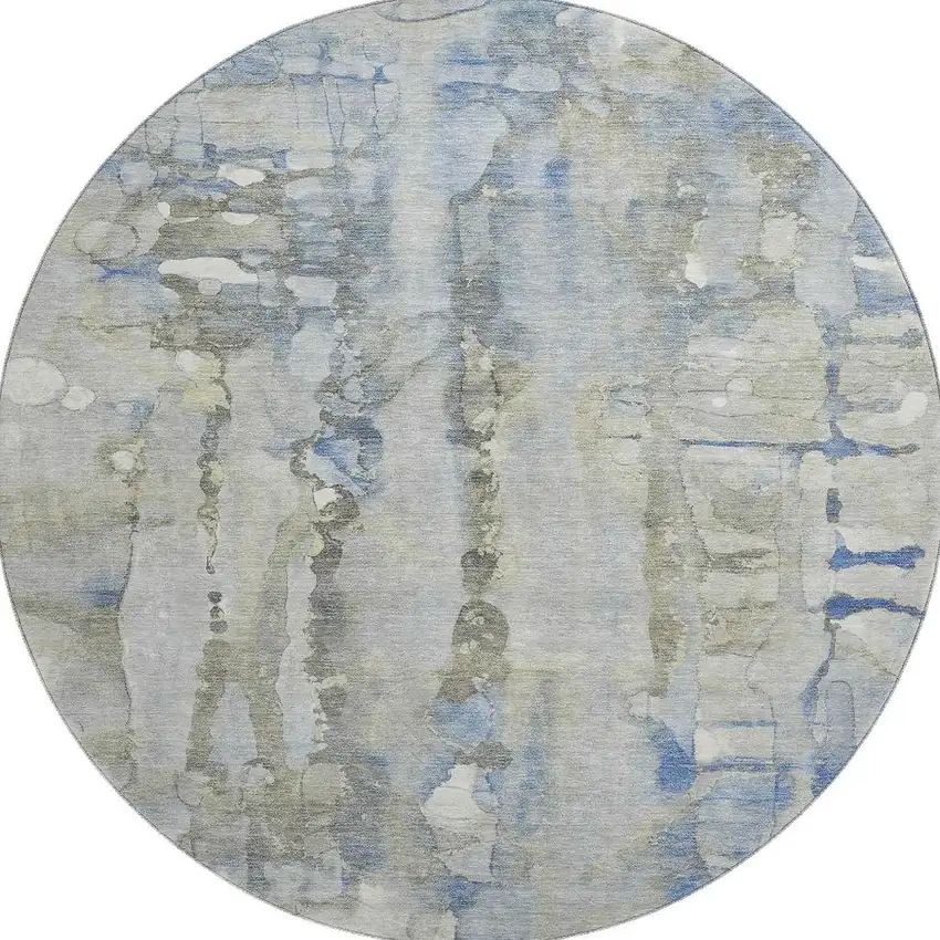8' Sky Blue And Gray Abstract Washable Round Rug With UV Protection Photo 4