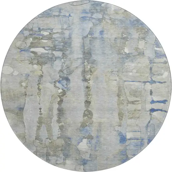 8' Sky Blue And Gray Abstract Washable Round Rug With UV Protection Photo 1