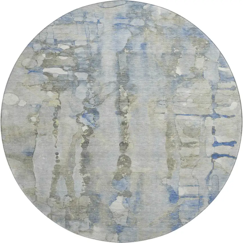 8' Sky Blue And Gray Abstract Washable Round Rug With UV Protection Photo 1