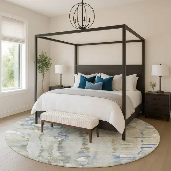 8' Sky Blue And Gray Abstract Washable Round Rug With UV Protection Photo 5