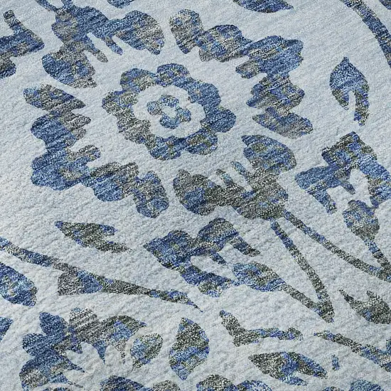 8' Sky Blue And Gray Floral Washable Round Rug With UV Protection Photo 9