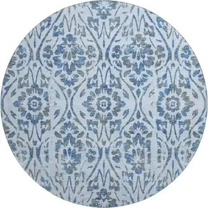 Photo of 8' Sky Blue And Gray Floral Washable Round Rug With UV Protection