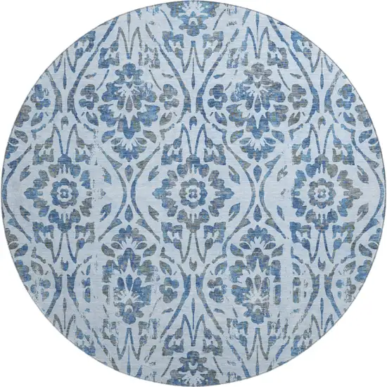 8' Sky Blue And Gray Floral Washable Round Rug With UV Protection Photo 1
