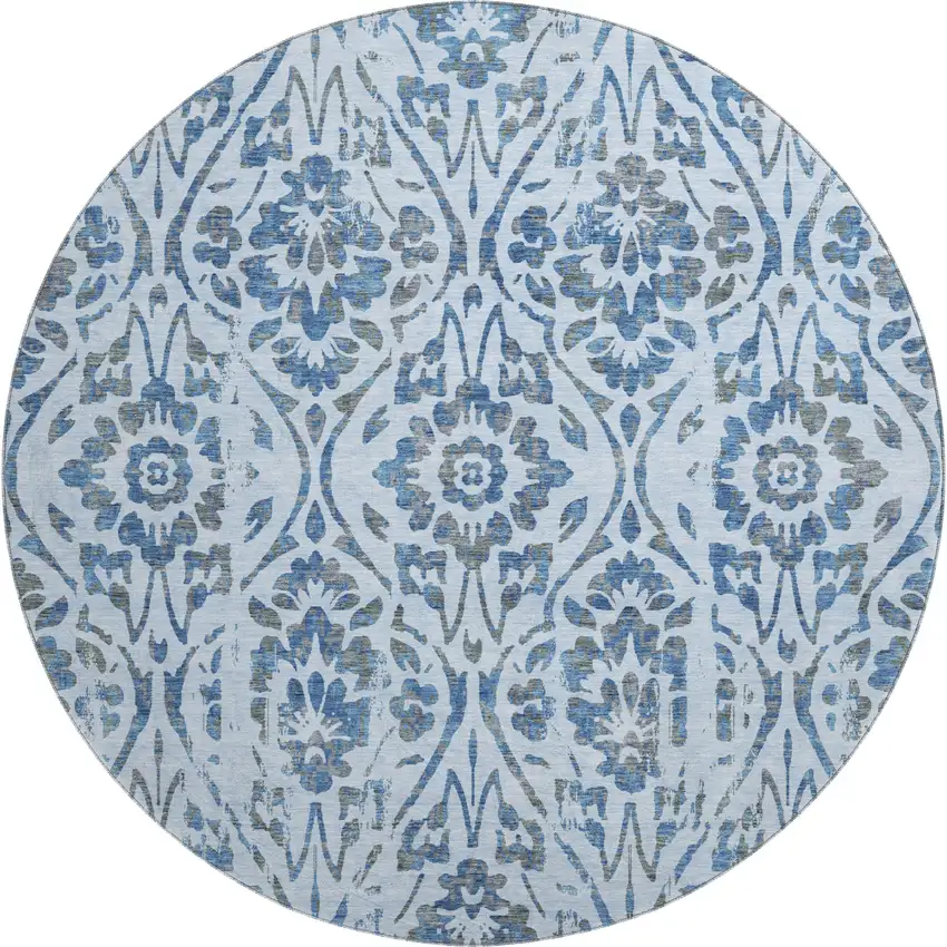 8' Sky Blue And Gray Floral Washable Round Rug With UV Protection Photo 1