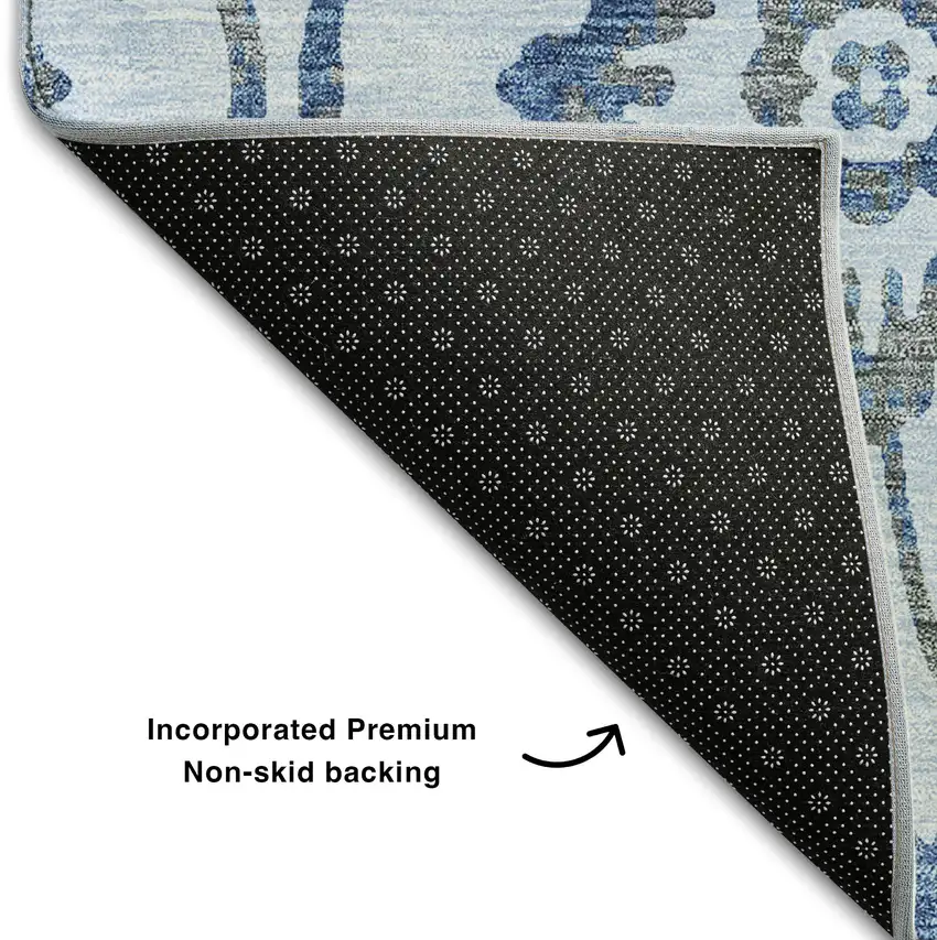 8' Sky Blue And Gray Floral Washable Round Rug With UV Protection Photo 6