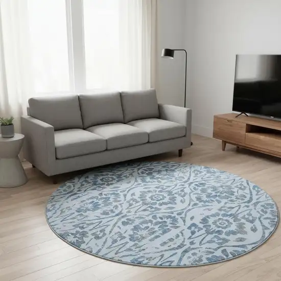8' Sky Blue And Gray Floral Washable Round Rug With UV Protection Photo 2