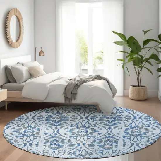 8' Sky Blue And Gray Floral Washable Round Rug With UV Protection Photo 5