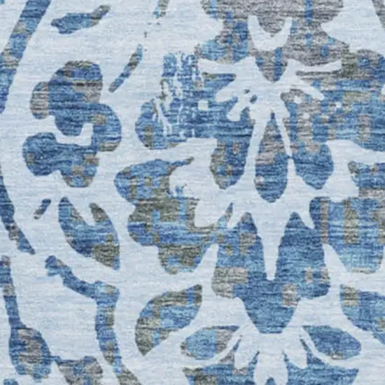 8' Sky Blue And Gray Floral Washable Round Rug With UV Protection Photo 4