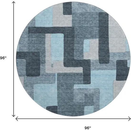 8' Sky Blue And Gray Geometric Washable Round Rug With UV Protection Photo 8