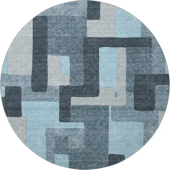 8' Sky Blue And Gray Geometric Washable Round Rug With UV Protection Photo 2