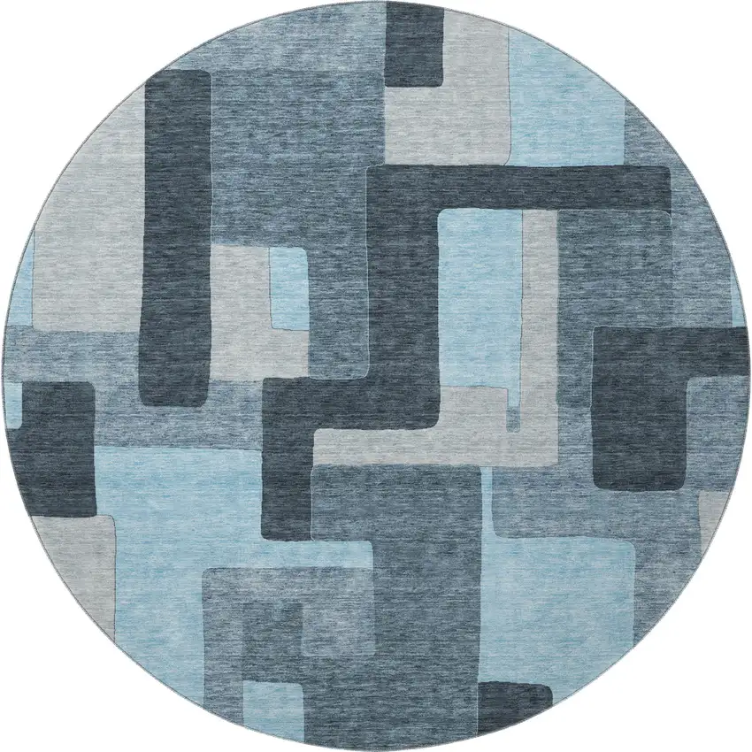 8' Sky Blue And Gray Geometric Washable Round Rug With UV Protection Photo 2