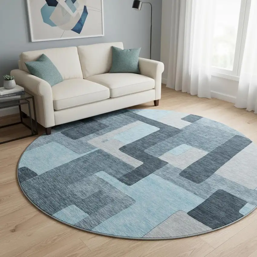 8' Sky Blue And Gray Geometric Washable Round Rug With UV Protection Photo 2