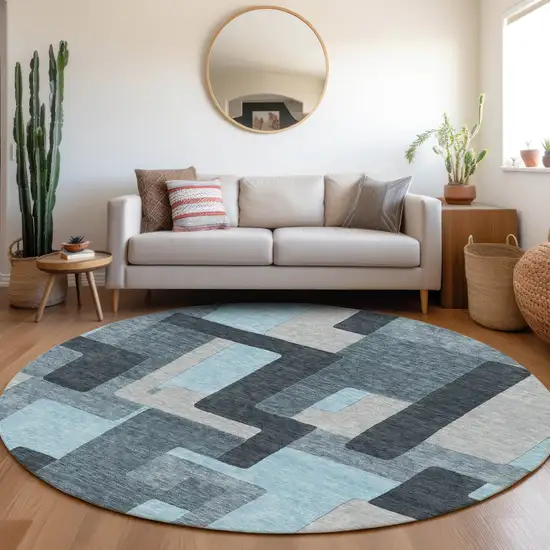 8' Sky Blue And Gray Geometric Washable Round Rug With UV Protection Photo 3