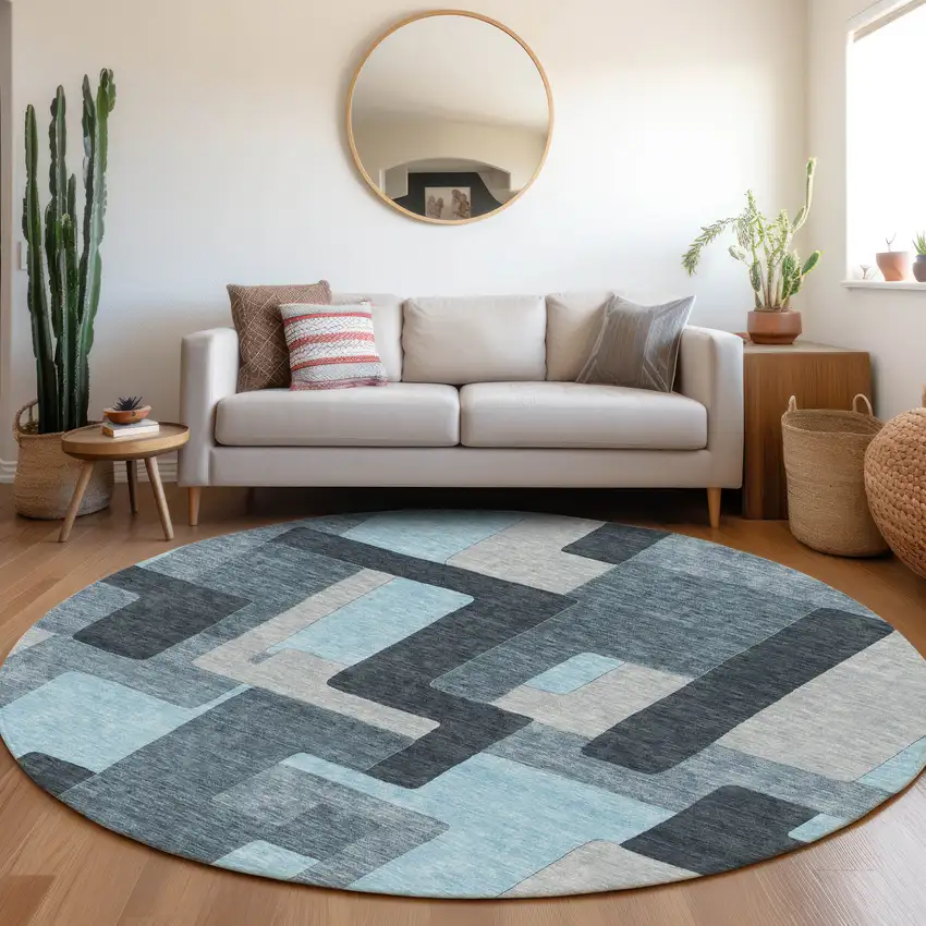 8' Sky Blue And Gray Geometric Washable Round Rug With UV Protection Photo 3