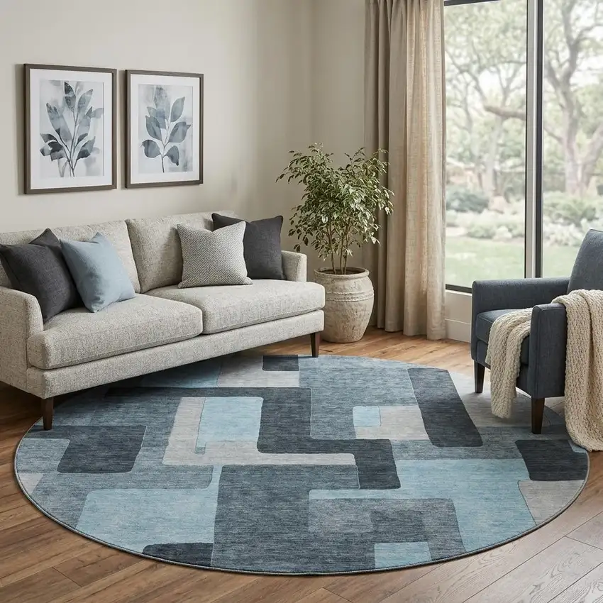 8' Sky Blue And Gray Geometric Washable Round Rug With UV Protection Photo 1