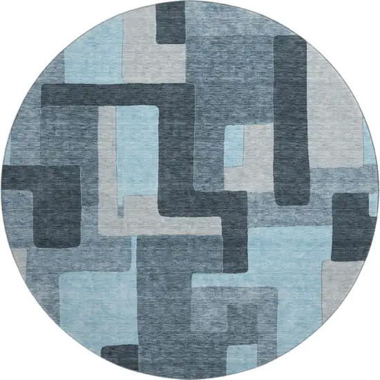 8' Sky Blue And Gray Geometric Washable Round Rug With UV Protection Photo 1