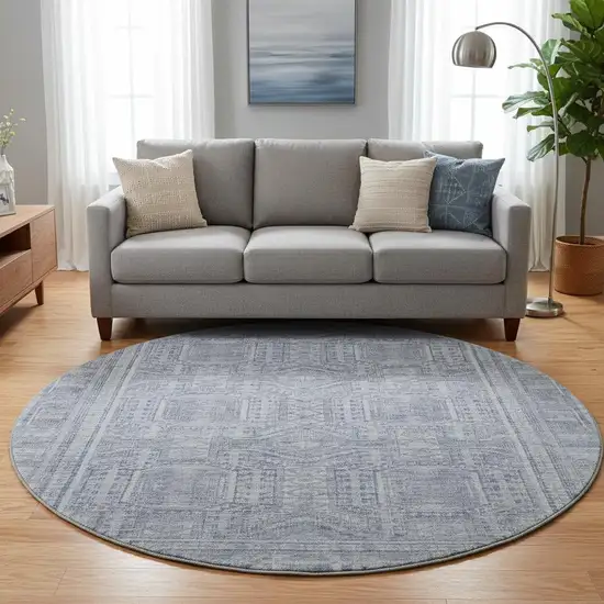8' Sky Blue And Gray Geometric Washable Round Rug With UV Protection Photo 2