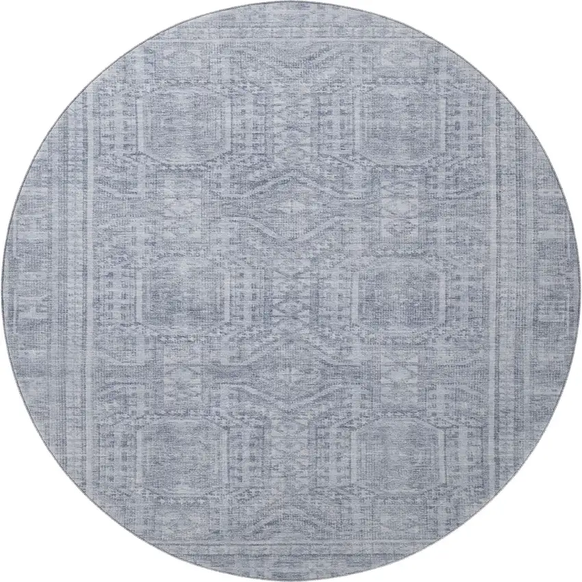 8' Sky Blue And Gray Geometric Washable Round Rug With UV Protection Photo 4