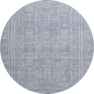 Photo of 8' Sky Blue And Gray Geometric Washable Round Rug With UV Protection