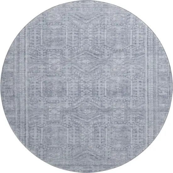 8' Sky Blue And Gray Geometric Washable Round Rug With UV Protection Photo 1