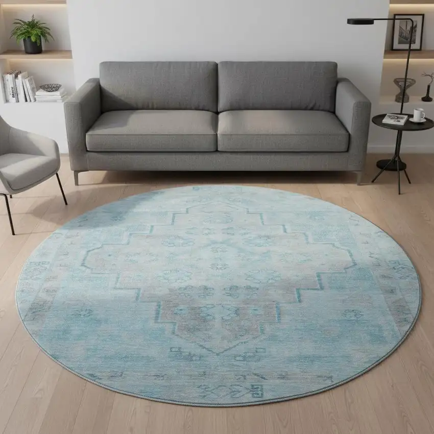 8' Sky Blue And Gray Medallion Washable Round Rug With UV Protection Photo 2