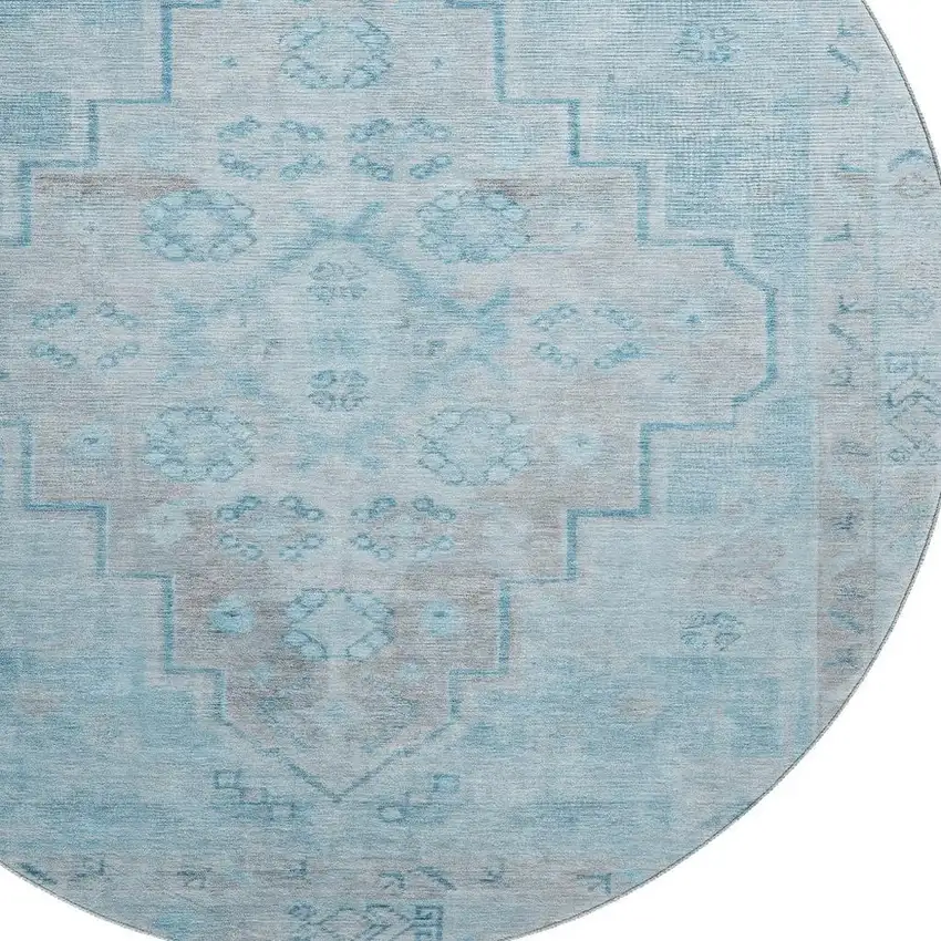 8' Sky Blue And Gray Medallion Washable Round Rug With UV Protection Photo 3
