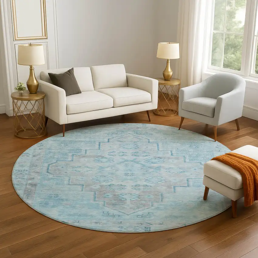 8' Sky Blue And Gray Medallion Washable Round Rug With UV Protection Photo 5