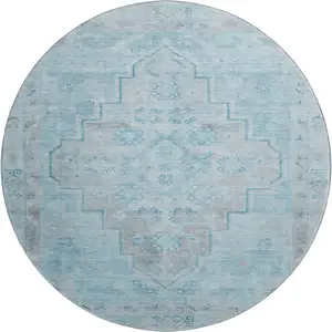 Photo of 8' Sky Blue And Gray Medallion Washable Round Rug With UV Protection