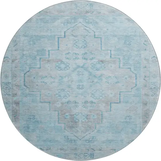 8' Sky Blue And Gray Medallion Washable Round Rug With UV Protection Photo 1
