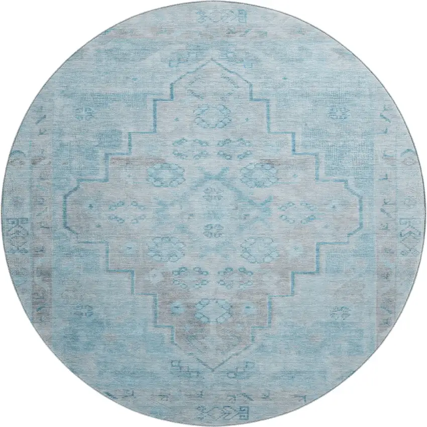 8' Sky Blue And Gray Medallion Washable Round Rug With UV Protection Photo 1