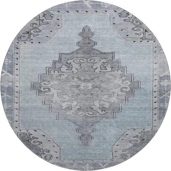 8' Sky Blue And Gray Oriental Washable Round Rug With UV Protection Photo 1