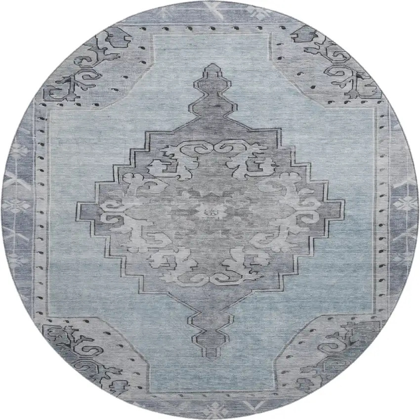 8' Sky Blue And Gray Oriental Washable Round Rug With UV Protection Photo 1