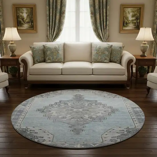 8' Sky Blue And Gray Oriental Washable Round Rug With UV Protection Photo 2