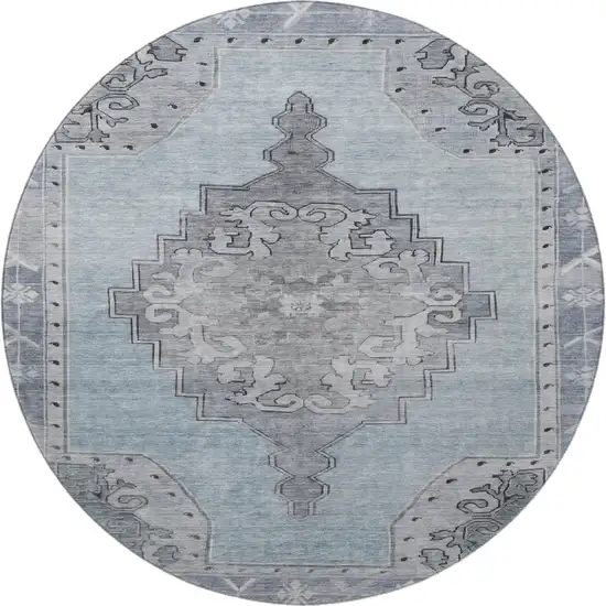 8' Sky Blue And Gray Oriental Washable Round Rug With UV Protection Photo 2