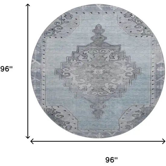 8' Sky Blue And Gray Oriental Washable Round Rug With UV Protection Photo 9