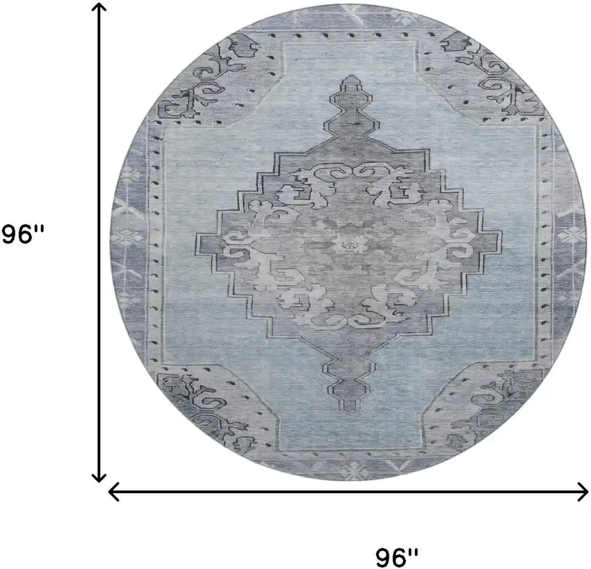 8' Sky Blue And Gray Oriental Washable Round Rug With UV Protection Photo 9