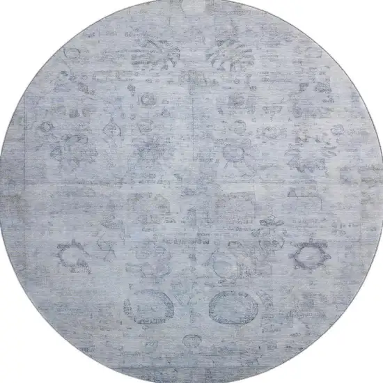 8' Sky Blue And Gray Oriental Washable Round Rug With UV Protection Photo 3