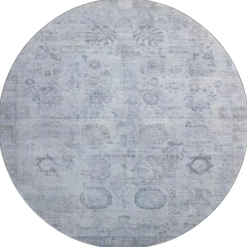 8' Sky Blue And Gray Oriental Washable Round Rug With UV Protection Photo 3