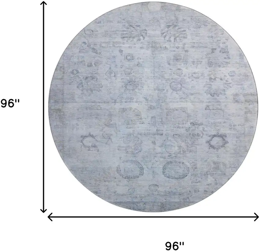 8' Sky Blue And Gray Oriental Washable Round Rug With UV Protection Photo 9