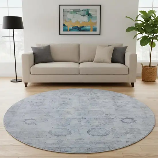 8' Sky Blue And Gray Oriental Washable Round Rug With UV Protection Photo 2