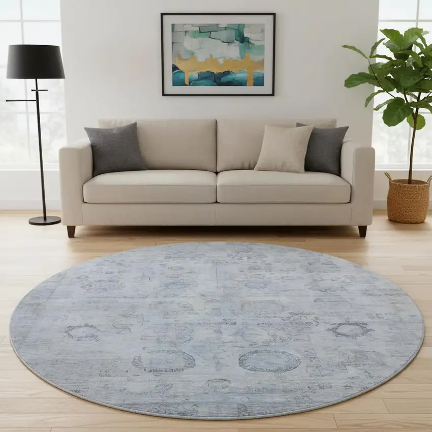 8' Sky Blue And Gray Oriental Washable Round Rug With UV Protection Photo 2