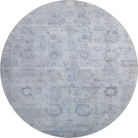 8' Sky Blue And Gray Oriental Washable Round Rug With UV Protection Photo 1