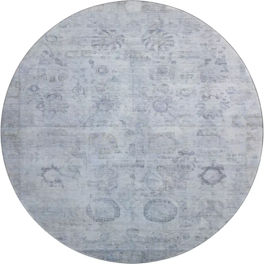 8' Sky Blue And Gray Oriental Washable Round Rug With UV Protection Photo 1