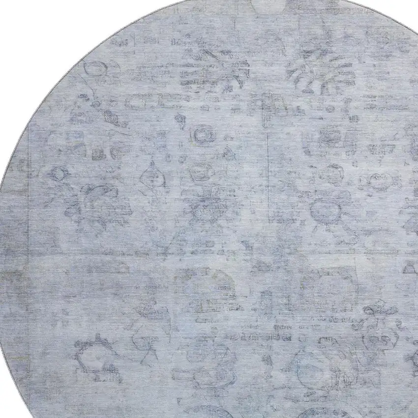 8' Sky Blue And Gray Oriental Washable Round Rug With UV Protection Photo 2