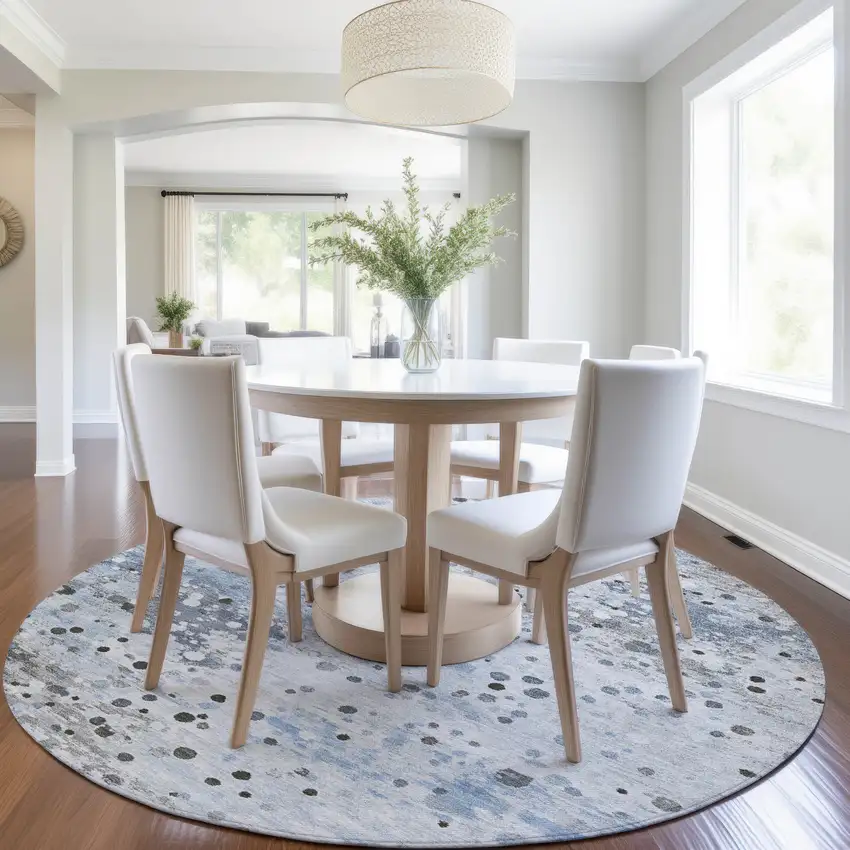 8' Sky Blue And Gray Round Abstract Washable Indoor Outdoor Area Rug Photo 6