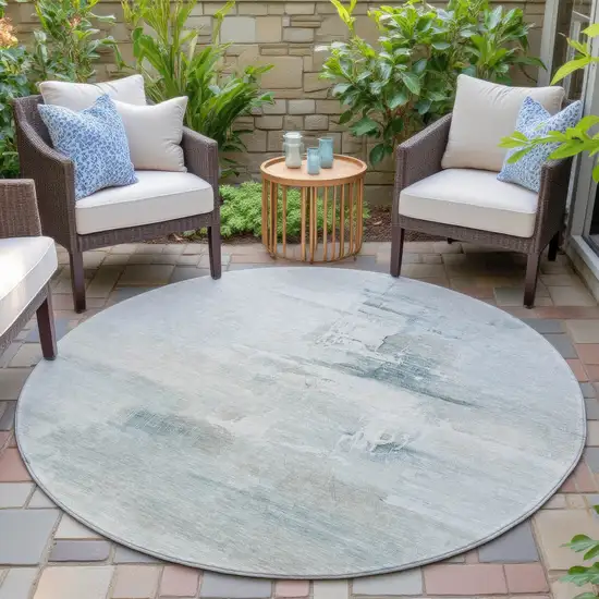 8' Sky Blue And Gray Round Abstract Washable Indoor Outdoor Area Rug Photo 6