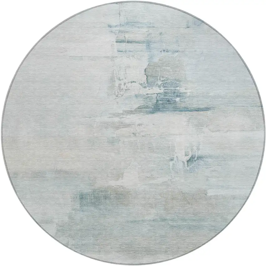 8' Sky Blue And Gray Round Abstract Washable Indoor Outdoor Area Rug Photo 1